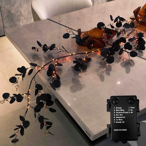 LITBLOOM Halloween Garland with Lights 6FT Battery Operated with Timer, Lighted Black Eucalyptus Garland with 96 Orange and Warm White Lights 10 Functions for Fireplace Table Fall Halloween Decoration by LITBLOOM