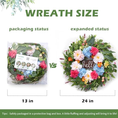 24" Peonies Wreaths for Front Door with Blue Hydrangea, Peonies, Dahlia, Phalaenopsis, Spring&Summer Outdoor Artificial Flowers for Wedding, Front Door Porch Yard Patio Home Decor - Image 3