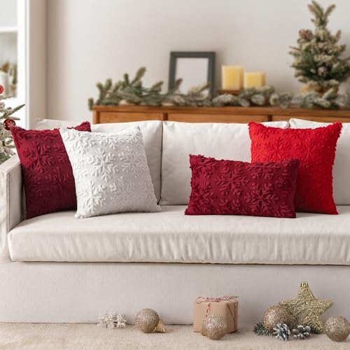 MIULEE Christmas Burgundy Red Throw Pillow Covers Snowflakes Decorative 20×20 Inch Faux Wool Winter Festival Couch Pillow Covers Set of 2 Farmhouse Holiday Home Decors for Sofa Livingroom Bed - Image 4