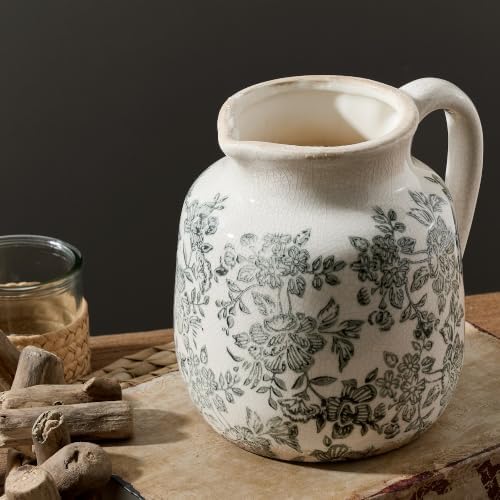 Ceramic Vintage Flower Vase, Utensil Holder, Chinoiserie Decorative Vase Decor Rustic Farmhouse Retro Floral Vases for Table Bookshelf Mantel Kitchen Living Room Office - 6.7” Gray 016 by ooit
