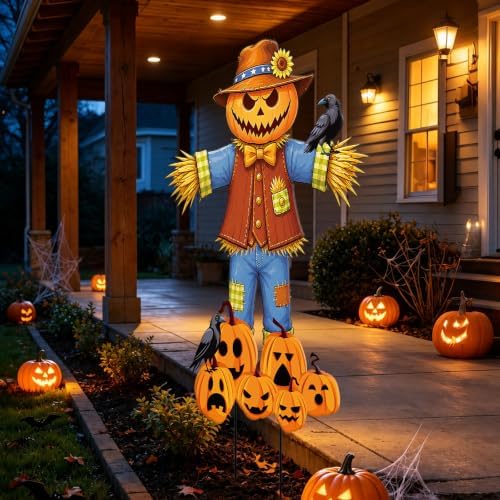 JarThenaAMCS Halloween Scarecrow Metal Garden Stakes, Pumpkin Pile Crow - Image 5