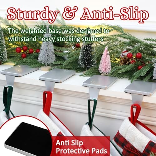 HMASYO Christmas Stocking Holders for Mantle Set of 4, Silver Heavy Duty Iron Stocking Hangers Base, Low Profile Weighted Stocking Holder Hooks for Fireplace Tabletop Shelf Christmas Decoration - Image 4