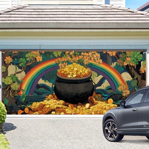 Pot of Gold St. Patrick’s Day Garage Door Banner 7x16FT, Lucky Clover & Rainbow Garage Door Cover, Outdoor Decoration for Yard & Garage on St. Patrick’s Day - Image 2