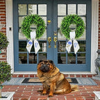 Boxwood Wreath for Front Door Spring Summer Wreaths for Farmhouse,Last Name Initial Year Round Porch Decor,20 inch Geen Door Wreath with Personalized Monogram sash Embroidered Hydrangea and Letter- P - Image 4