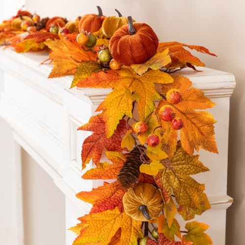 Glitzhome Fall Garland for Mantle, 6ft Velvet Pumpkin Garland with Pinecones Berries and Leaves, Fall Leaf Decor for Fireplace Shelf Home Display - Image 4