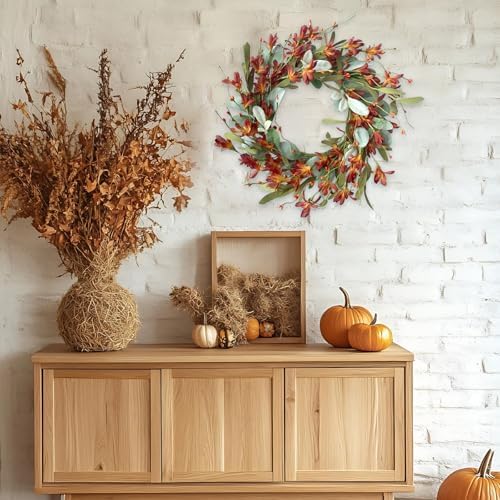 15 Inches 4 Pcs Fall Wreaths for Front Door Artificial Autumn Wreath with Forsythia Flowers Greenery Leaves Orange Berries for Outside Indoor Wall Window Festival Thanksgiving Fall Harvest Decor - Image 6