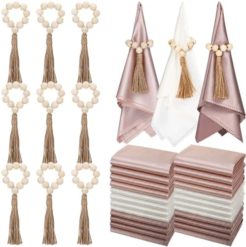 LemonRoad 36 Pcs Napkin Rings Set 12 Wood Bead Napkin Rings, 24 Cloth Napkins Boho Farmhouse Table Decorations Dinnerware Sets, Banquet, Wedding, Holiday Dinner Party by Unknown