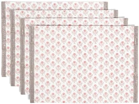 Over&Back Set of 4 Hand-Blocked Placemats - Colorful Dining Table Mat - Each Placemat is Unique - 100% Cotton - Machine Washable - Kitchen and Home Decor - Pink Blossom by overback