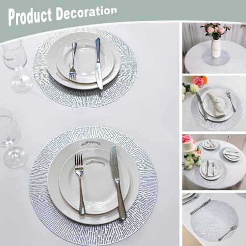 Snowkingdom Silver Round Placemats Set of 8, 15 Inch Metallic Vinyl Round Place Mats, Easy Clean Non Slip Heat Resistant Washable PVC Hollow Dining Table Mats for Wedding Party Christmas Decoration - Image 3