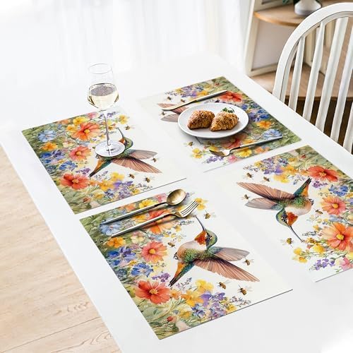 Hummingbird Flower Spring Placemats Set of 6, 12x18 Inch Country Bird Summer Table Place Mat Rustic Washable Non-Slip Heat Resistant Fabric Placement Mats for Dining Kitchen Indoor Outdoor Decor - Image 3