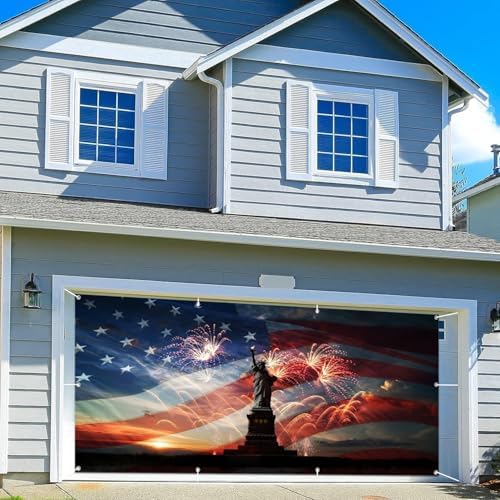 4th of July Party Garage Door Cover 16x7ft American Flags Garage Door Backdrop Independence Day Garage Banner Memorial Day Decoration Patriotic Backdrop the Statue of Liberty Flag Day Background - Image 2