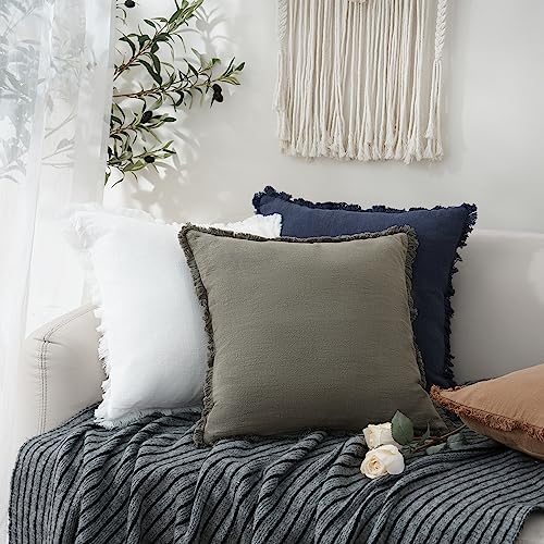 Foindtower Decorative Linen Fringe Throw Pillow Covers 22×22 Inch,White - Image 5
