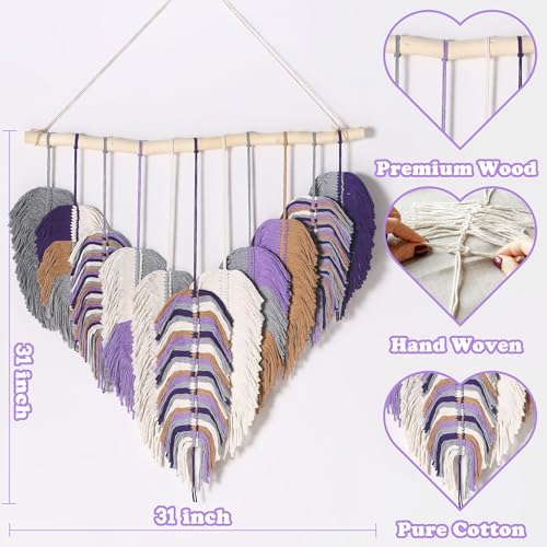 Amestrina Large Macrame Wall Hanging, Boho Chic Macrame Wall Decor, Bohemian Leaf Feather Macrame Wall Art, Handmade Macrame Wall Hanging Tapestry for Bedroom Living Room 31" Wx 31" L (Purple) - Image 2
