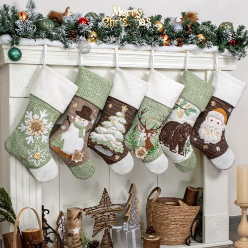 LUBOT 6 Pack Christmas Stockings Set of 6 Large Family Xmas Stocking Embroidered 20" Rustic Farmhouse Country Classic Fireplace Hanging Holiday Decor by LUBOT