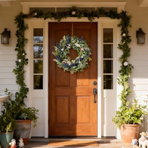 20 Inch Nautical Artificial Wreath with Starfish & Seashells Blue Berry Eucalyptus Wreath for Front Door Coastal Summer Home Decor for Wall/Fireplace - Image 6