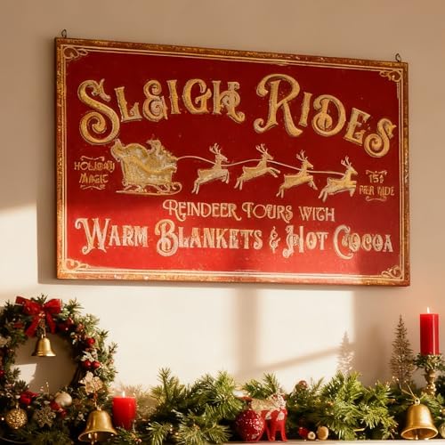 31.5" Red Christmas Metal Wall Sign - Vintage Santa Claus Reindeer & Sleigh Motif Rustic Wall Mount Holiday Decor Distressed Wall Hanging Iron Painting Plaque for Home Mantel Porch - Image 2