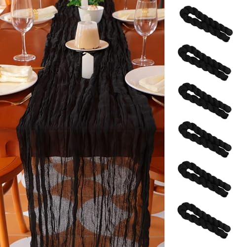 Snowkingdom 6PCS 10 Ft Black Cheesecloth Table Runner, 120 inch Long Cheese Cloth Boho Gauze Runners for Wedding Bridal Baby Shower Birthday Holiday Party Halloween Table Decorations by Snowkingdom