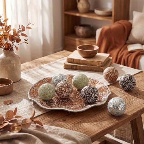 Suclain Centerpiece Bowl and Decorative Balls Set 8 Pcs Table Mosaic Plate with 2.4 Inch Glass Mosaic Orbs Glass Turquoise Tray and Spheres for Centerpiece Table Home Vases Decor(Khaki Light Brown) - Image 5
