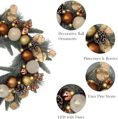 Valery Madelyn 20" Pre-Lit Christmas Wreath for Front Door with Lights - Image 5