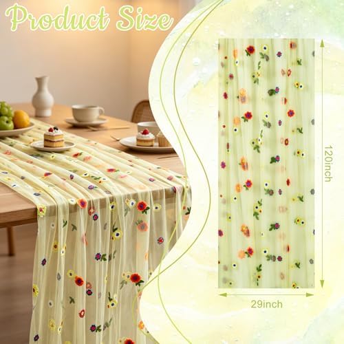 6PCS Green Floral Table Runner 10 FT, Embroidery Daisy Table Runners Seasonal Spring Summer Sheer Tulle Dining Table Decor for Home Party Birthday Decor 29x120 Inch - Image 2