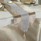 Sequined Rhinestone Diamond Table Runner Luxurious Long Table Runner with Tassels for Dining Christmas Wedding Party Tabletop Decorations (13" x 82", Beige) - Image 3