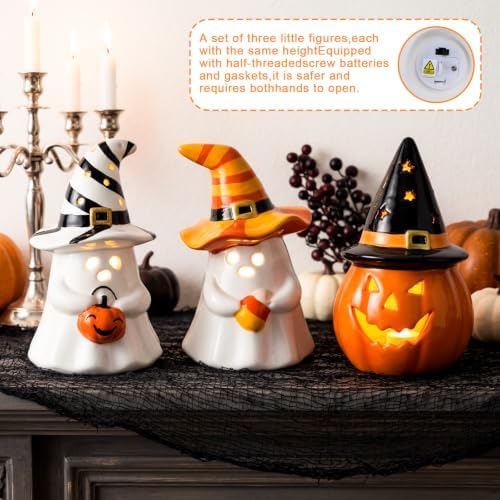 Patelai 3 Pcs Light up Ceramic Ghost Pumpkin Figurines Halloween Decoration - Image 2