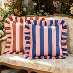 vctops Ruffle Square Throw Pillow Covers Boho Pink and Red Striped Decorative Pillowcases Set of 2, Soft Velvet Accent Cushion Cover Cases for Sofa Bed Living Room Decor (Pink Blue,18"x18") - Image 3