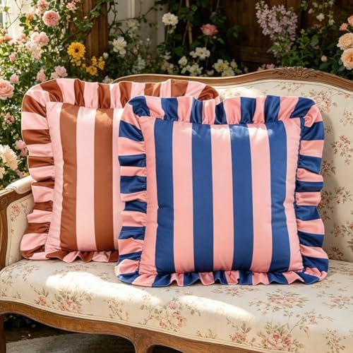 vctops Ruffle Square Throw Pillow Covers Boho Pink and Red Striped Decorative Pillowcases Set of 2, Soft Velvet Accent Cushion Cover Cases for Sofa Bed Living Room Decor (Pink Blue,18"x18") - Image 3