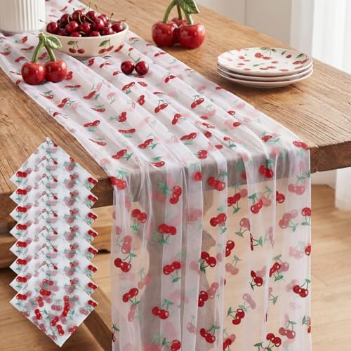 8 Pcs Cherry Table Runners 29 x 70 Inch Cherry Tulle Tablecloth by Windkream