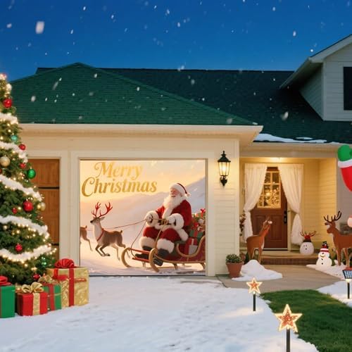 Christmas Garage Door Banner Cover – Santa Claus Sleigh & Reindeer Outdoor Holiday Mural, Large Waterproof Reusable Xmas Garage Decoration Backdrop for Party Décor, 8 x 7ft/2.4 x 2.1m - Image 5