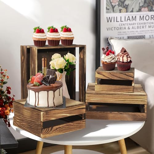4 Pcs Buffet Risers with Mini Signs, Rustic Wood Cake Stands, Food Risers for Buffet Table, Dessert Display Stand, Wood Crates, Rustic Cake Stand for Party, Wedding, Birthday, Baby Shower, 4 Sizes - Image 3