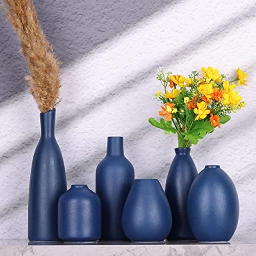 Blue Ceramic Vase - Set of 6 Blue Bud Vases, Modern Farmhouse Navy Blue Decorative Vases for Home, Office, Living Room, Table Decor - Ideal Centerpieces for Flowers, Shelf and Fireplace Accents - Image 3