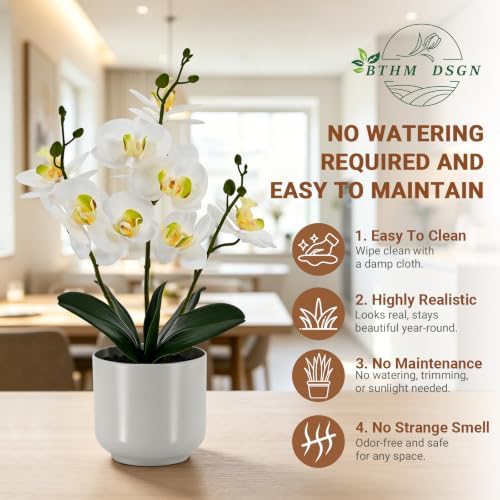 Fake Orchid-17.5”tall Artificial Indoor Potted Plant for Home Decor-White - Image 3