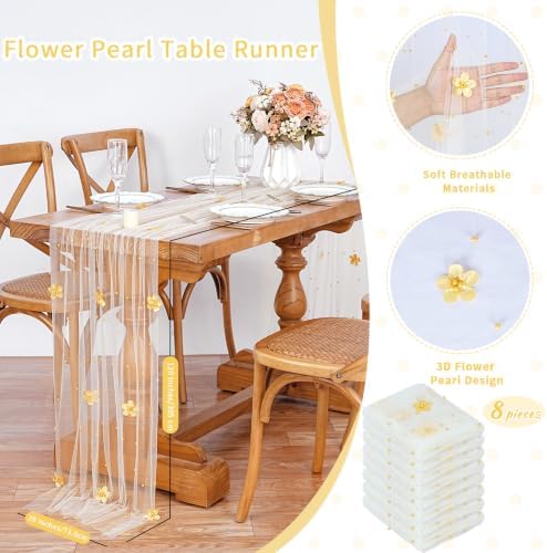 Fanqisi Beige Pearl Table Runner Floral Tulle Gauze Runner 10FT 8 Pack - Image 3