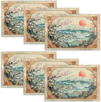 Japanese Placemats Set of 6 Rustic Mount Fuji Table Mats Cherry Blossoms Place Mats Decor Imitation Linen Heat Resistant Vintage Tablecloth for Dining Decoration Kitchen Party Restaurants 12''x18'' by gkmaolt