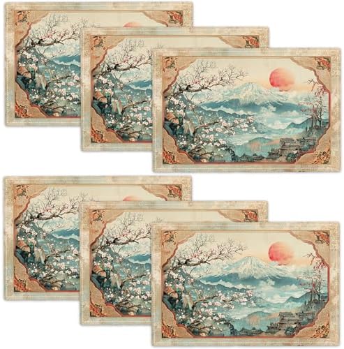 Japanese Placemats Set of 6 Rustic Mount Fuji Table Mats Cherry Blossoms Place Mats Decor Imitation Linen Heat Resistant Vintage Tablecloth for Dining Decoration Kitchen Party Restaurants 12''x18'' by gkmaolt