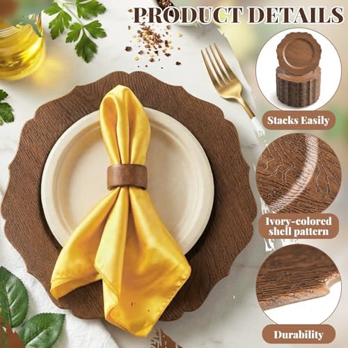 48 Pcs 13" Wooden Textured Charger Plates with Napkin Ring, Brown - Image 3