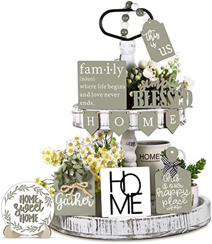 Two Tiered Tray with 11 Pcs Wooden Signs Decor, Stylish Style by Patelai
