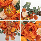 24" Artificial Fall Half Wreath for Front Door Autumn Wreath with Pumpkin Peony Eucalyptus Chrysanthemum and Ribbon for Halloween Thanksgiving Day Indoor Outdoor Farmhouse Window Wall Décor - Image 2