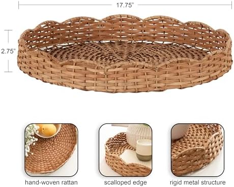 Kate and Laurel Wavley Modern Round Scalloped Woven Rattan Tray, 18 Inch Diameter, Natural Rattan, Decorative Wavy Boho Tray for Use as Versatile Ottoman Tray or Serving Platter - Image 2