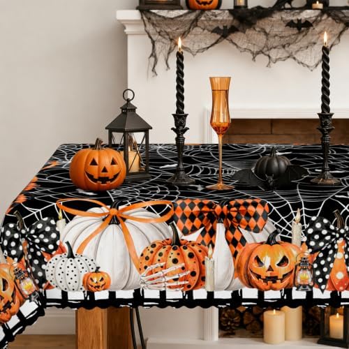 Rectangle Halloween Tablecloth 60x120 Inch, Dots Bow Pumpkin Spider Web Bat Table Cloth, Waterproof Wrinkle Resistant Table Cover for Halloween Decorations Decor by Unknown