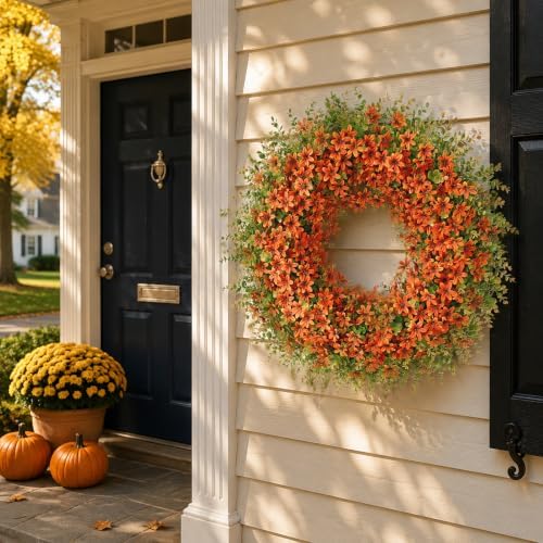 32" Large Artificial Eucalyptus Silk Flower Wreath for Outdoor(Fall Orange) - Image 3
