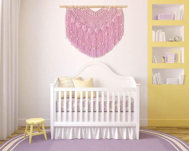 Youngeast Large Macrame Wall Hanging Boho Beaded Curtain for Window Macrame Bedroom Headboard Living Room Wall Art Tassel Tapestry Bohemian Woven Wall Decor 31" W X 25" H (Pink) - Image 4
