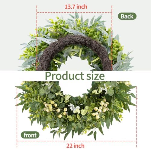 Green Wreath with Berries&Boxwood, Eucalyptus Wreaths for Front Door Artificial Spring Summer Christmas Door Wreath Front Door Wreath Farmhouse Decor for Wall Porch Window(22inch) - Image 3