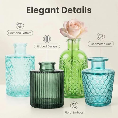 32 PCS Assorted Vintage Bud Vases, Colorful Glass Small Vases Bulk, for Centerpieces, Wedding Table Decor, Home Decorations & Gifts (Green Series) - Image 2