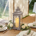 TRIROCKS Vintage Candle Lanterns 14''H Decorative Outdoor Lantern Metal Candle Holder with Tempered Glass for Home Living Room Garden Yard Parties Event Indoors Outdoors (Grey) - Image 2