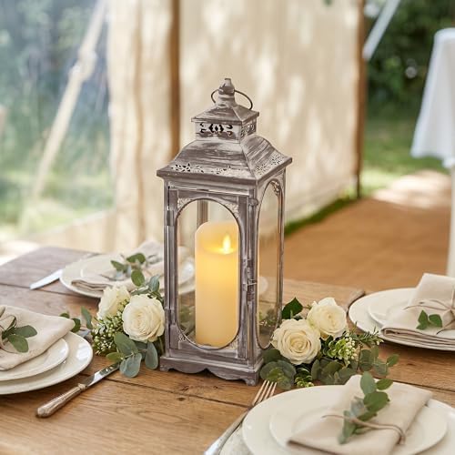 TRIROCKS Vintage Candle Lanterns 14''H Decorative Outdoor Lantern Metal Candle Holder with Tempered Glass for Home Living Room Garden Yard Parties Event Indoors Outdoors (Grey) - Image 2