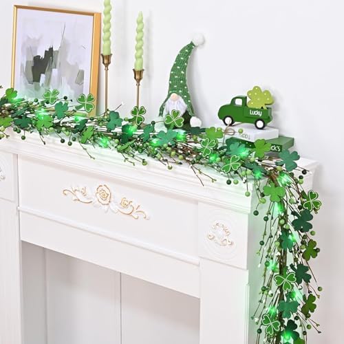 2 Pcs 6 Ft St Patrick's Day Garland with Light, Lighted Shamrock Garlands, Green Colored Wooden Shamrock and Berry Clover for St Patrick's Day Decor by Waipfaru