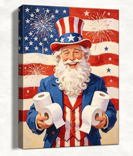 Funny Patriotic Uncle Sam Canvas Wall Art 4th of July USA Flag Fireworks Oil Painting Humorous Toilet Paper American Flag Wall Decor Independence Day Bathroom Home Decor 20x24in by HomeifHue