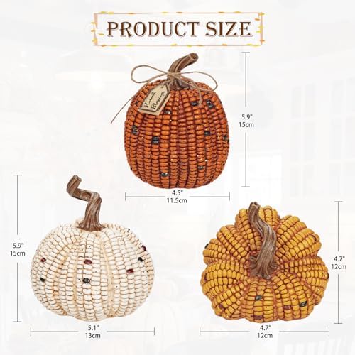 Briful 3PCS Fall Decorative Corn Pumpkin Set – Resin Harvest Pumpkins Fake Corn Pumpkins for Thanksgiving Table Centerpiece Autumn Tiered Tray Indoor Outdoor Fall Decoration - Image 2